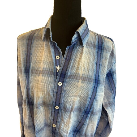 Bugatchi Uomo Men's Blue Linen Plaid Short Sleeve Classic Fit Button Up L Shirt - Picture 14 of 15